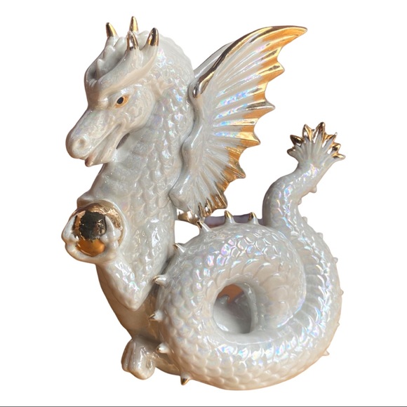 Vintage Intricate Carved Glossy White with Gold Trim Japanese Dragon Figurine - Picture 2 of 8